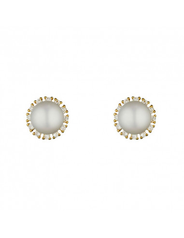 Boucles D'Oreilles tendrement Perle Blanche Or Jaune 375/1000 Perle et Zirconium